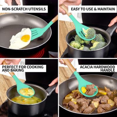 5 Piece Silicone Utensils Set with Authentic Acacia Wood Handles