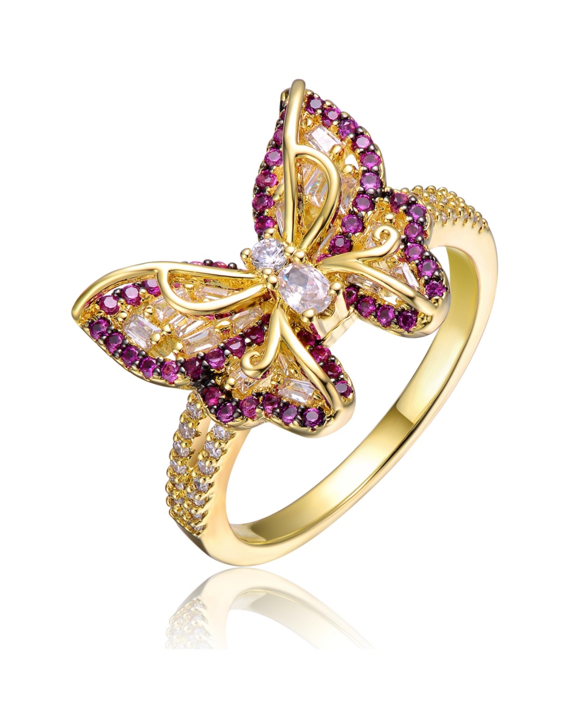 RACHEL GLAUBER RA YOUNG ADULTS/TEENS 14K YELLOW GOLD PLATED WITH AMETHYST & CUBIC ZIRCONIA BUTTERFLY SPLIT TOP RING
