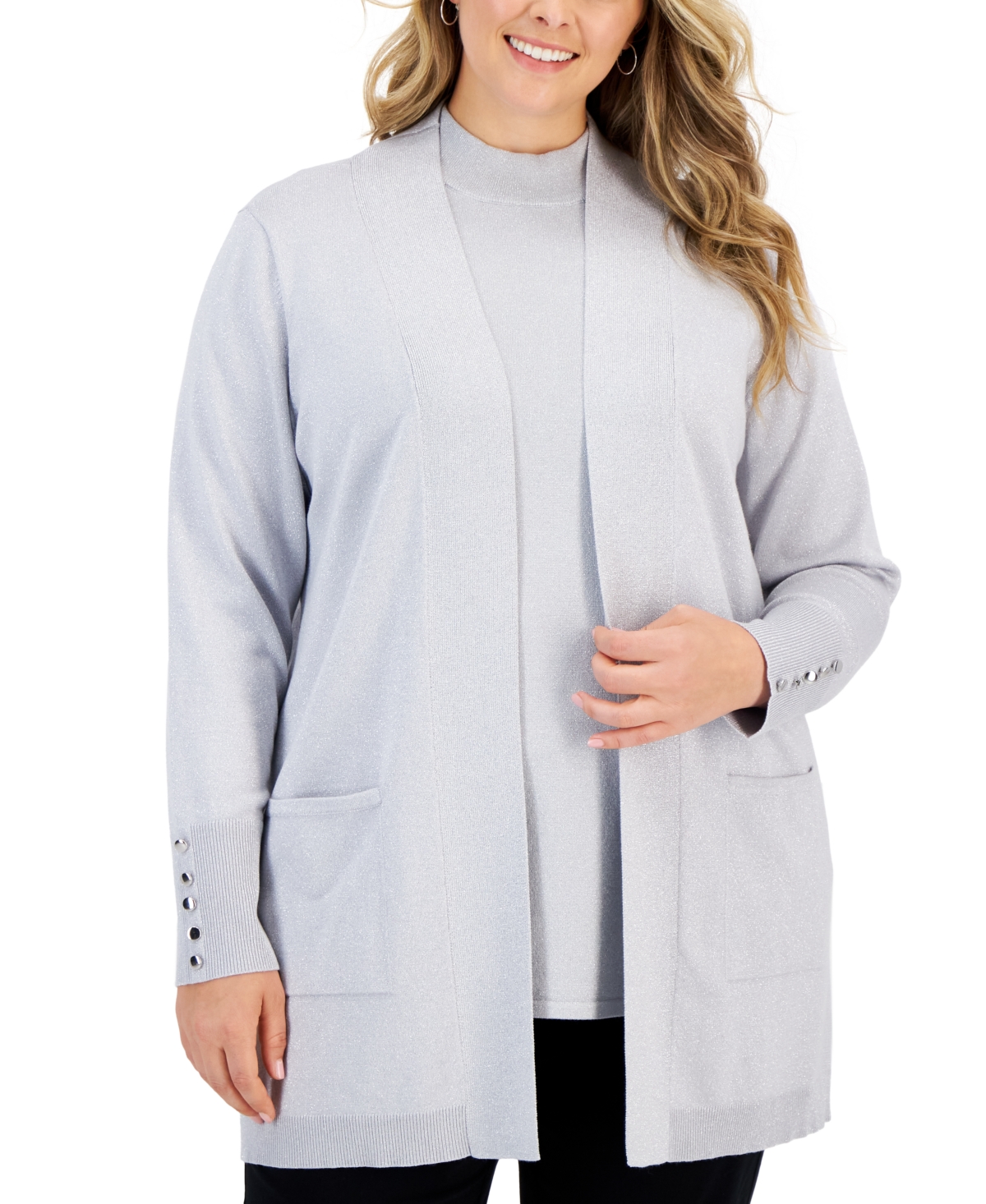 Jm Collection Plus Size Metallic Open-front Cardigan, Created For Macy's In Sliver Lurex