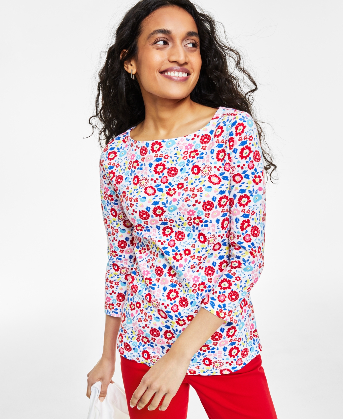 Charter Club Women's 3/4-Sleeve Floral Boat-Neck Top, Created for Macy's