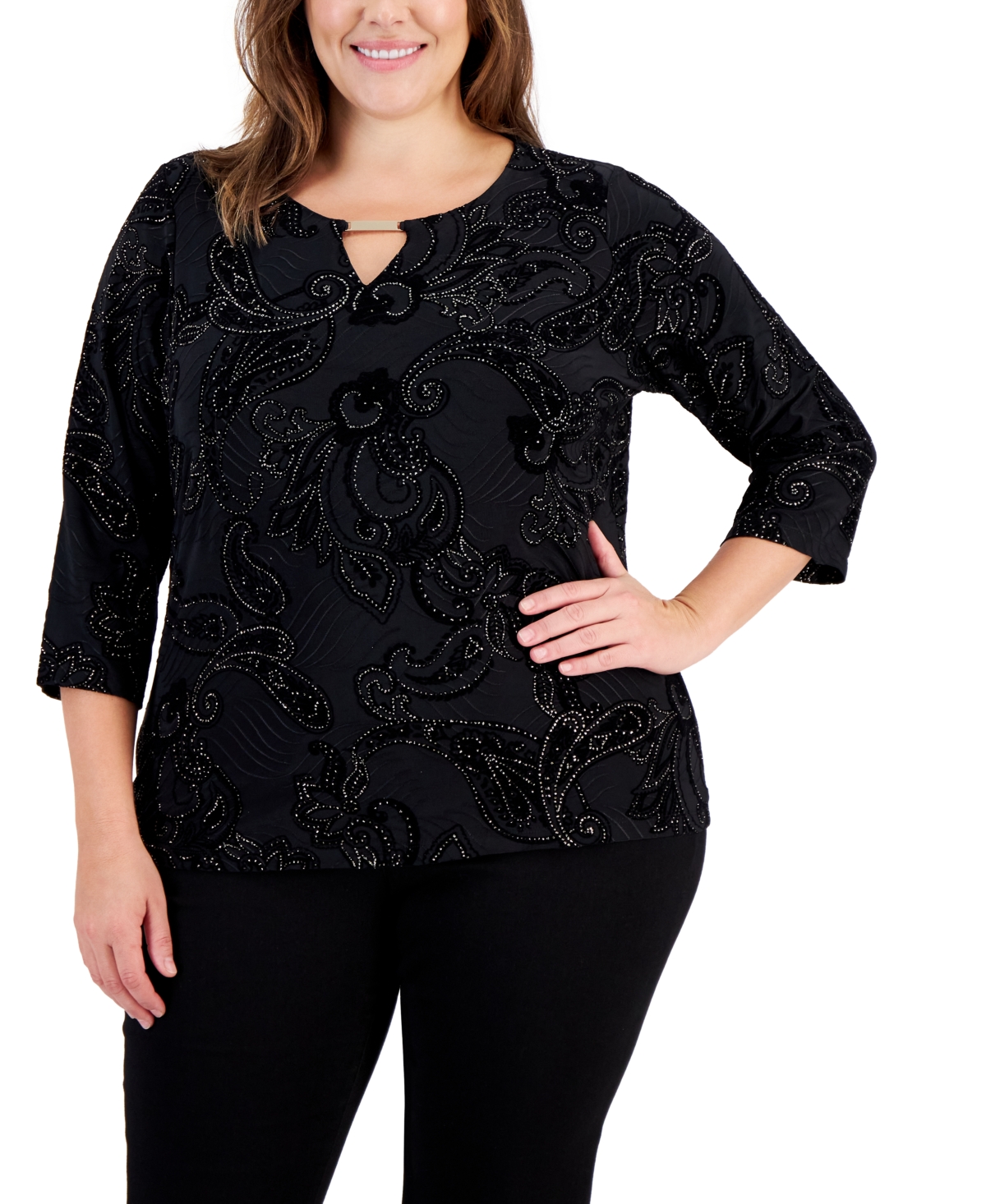 Jm Collection Plus Size Paisley Glitter Keyhole Top, Created for Macy's