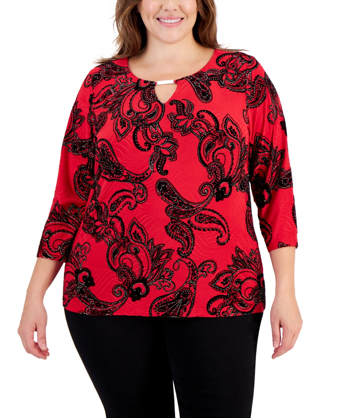 Jm Collection Plus Size Paisley Glitter Keyhole Top, Created For Macy's In Real Red Combo
