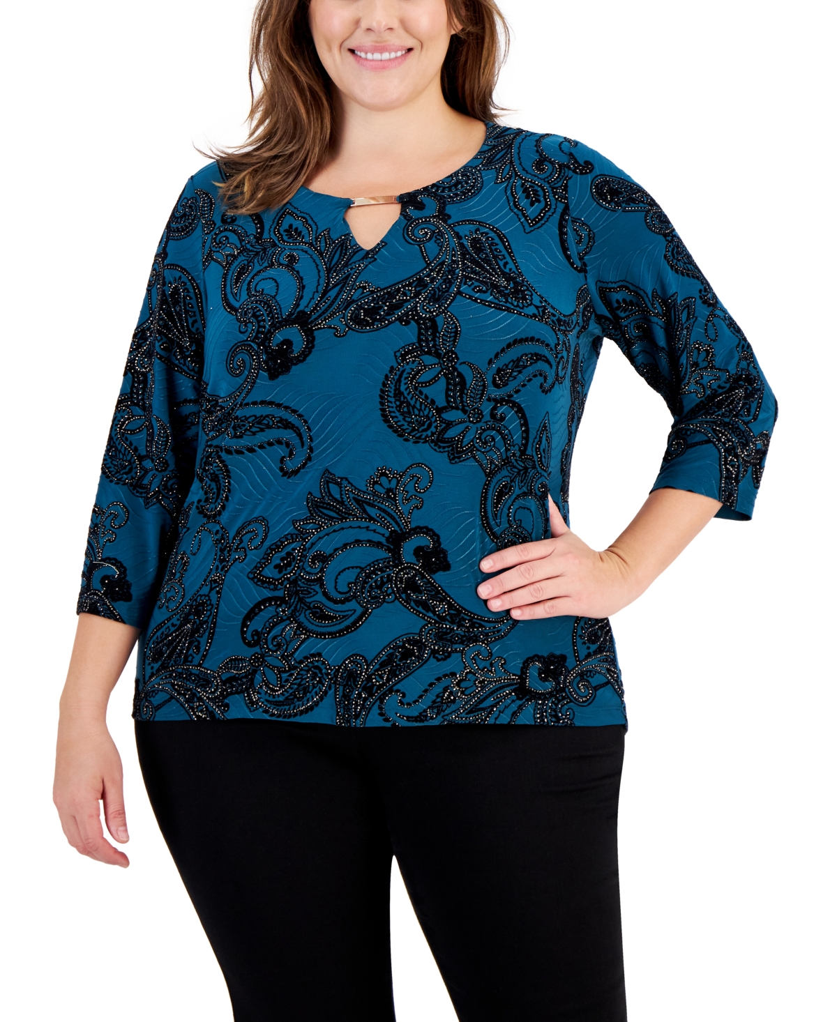 Jm Collection Plus Size Paisley Glitter Keyhole Top, Created for Macy's