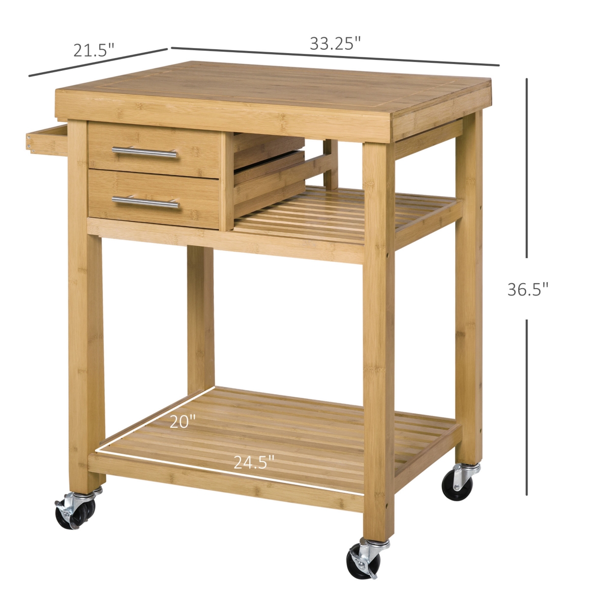 HomCom Bamboo Kitchen Island Cart on Wheels, 2 Storage Drawers, Towel Rack, 33.25 in, Bamboo Tone