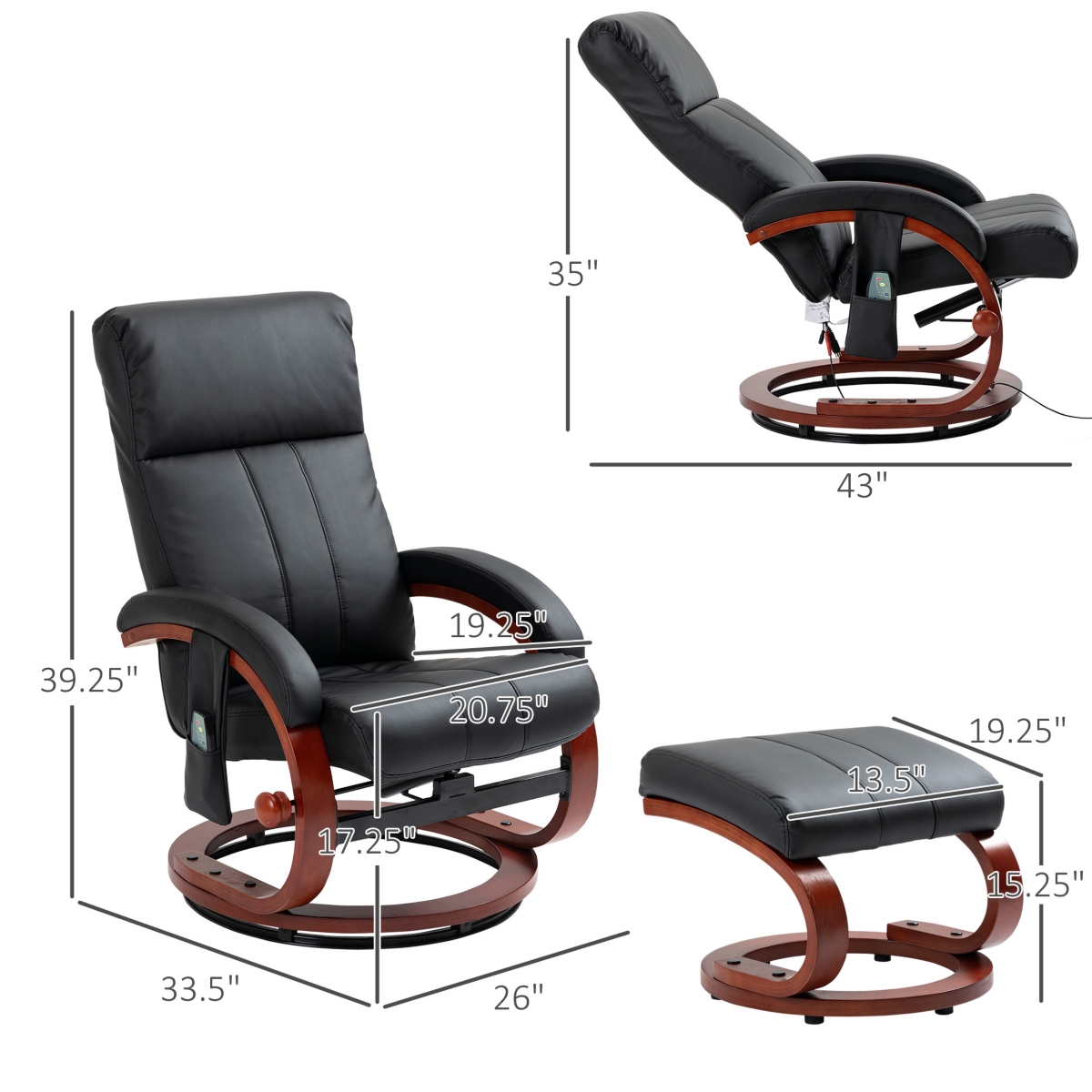 Homcom Recliner Chair with Ottoman, Electric Faux Leather Recliner with 10 Vibration Points and 5 Massage Mode, Reclining Chair with Remote Control