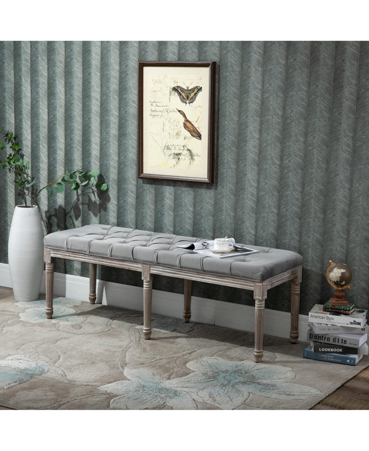 Homcom Accent Bench Tufted Upholstered Fabric Ottoman for Living Room, Bedroom