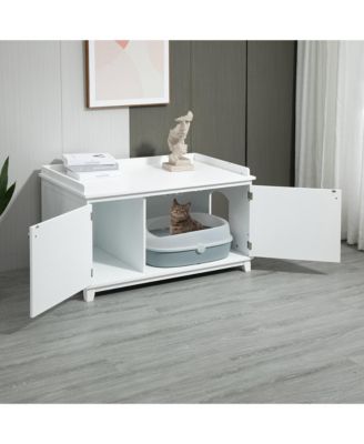 PawHut Hidden Litter Box Furniture – 32" Enclosure With Scratching Mat, Cat Door, Distressed White, Multi-Functional Side Table