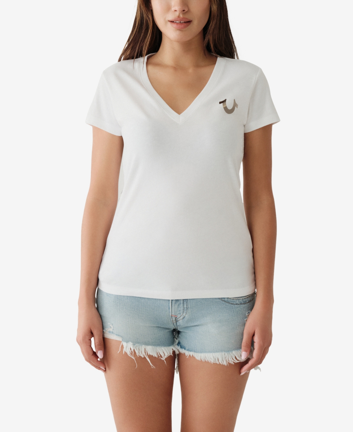 Shop True Religion Women's Short Sleeve Buddha V-neck T-shirt In Optic White
