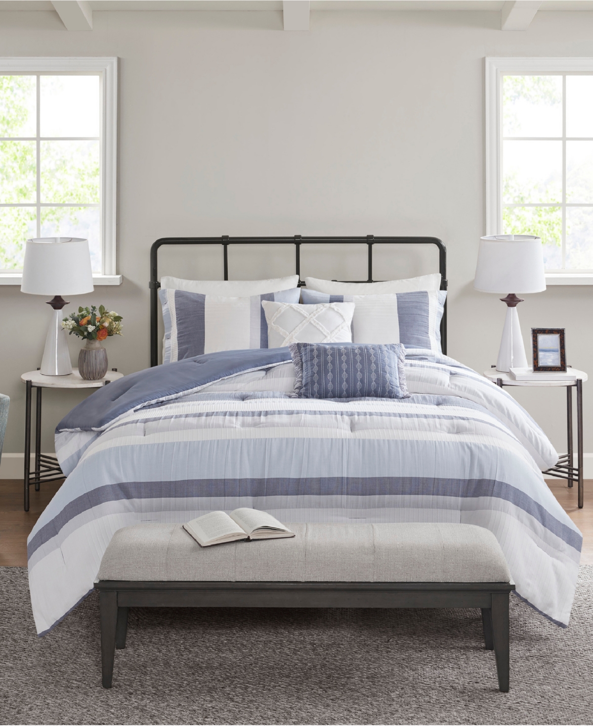 Madison Park Closeout!  Allegany Striped 5 Piece Jacquard Comforter Set, Full/queen In Blue