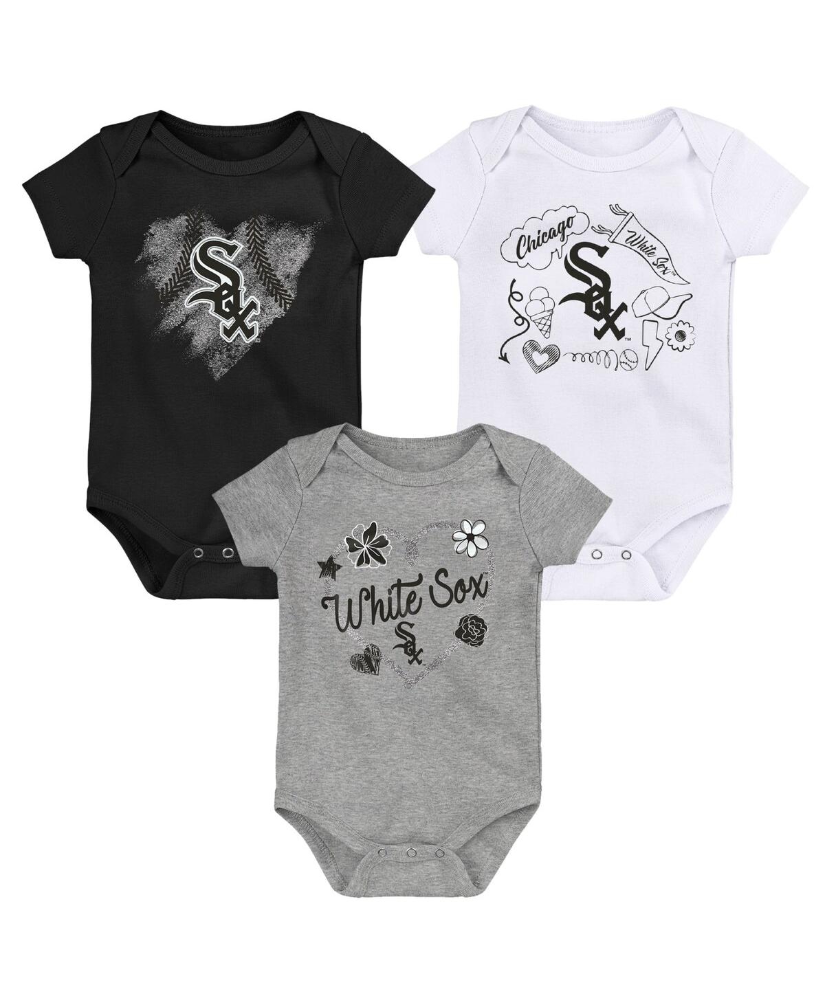 OUTERSTUFF GIRLS NEWBORN AND INFANT BLACK, WHITE, HEATHERED GRAY CHICAGO WHITE SOX 3-PACK BATTER UP BODYSUIT SE