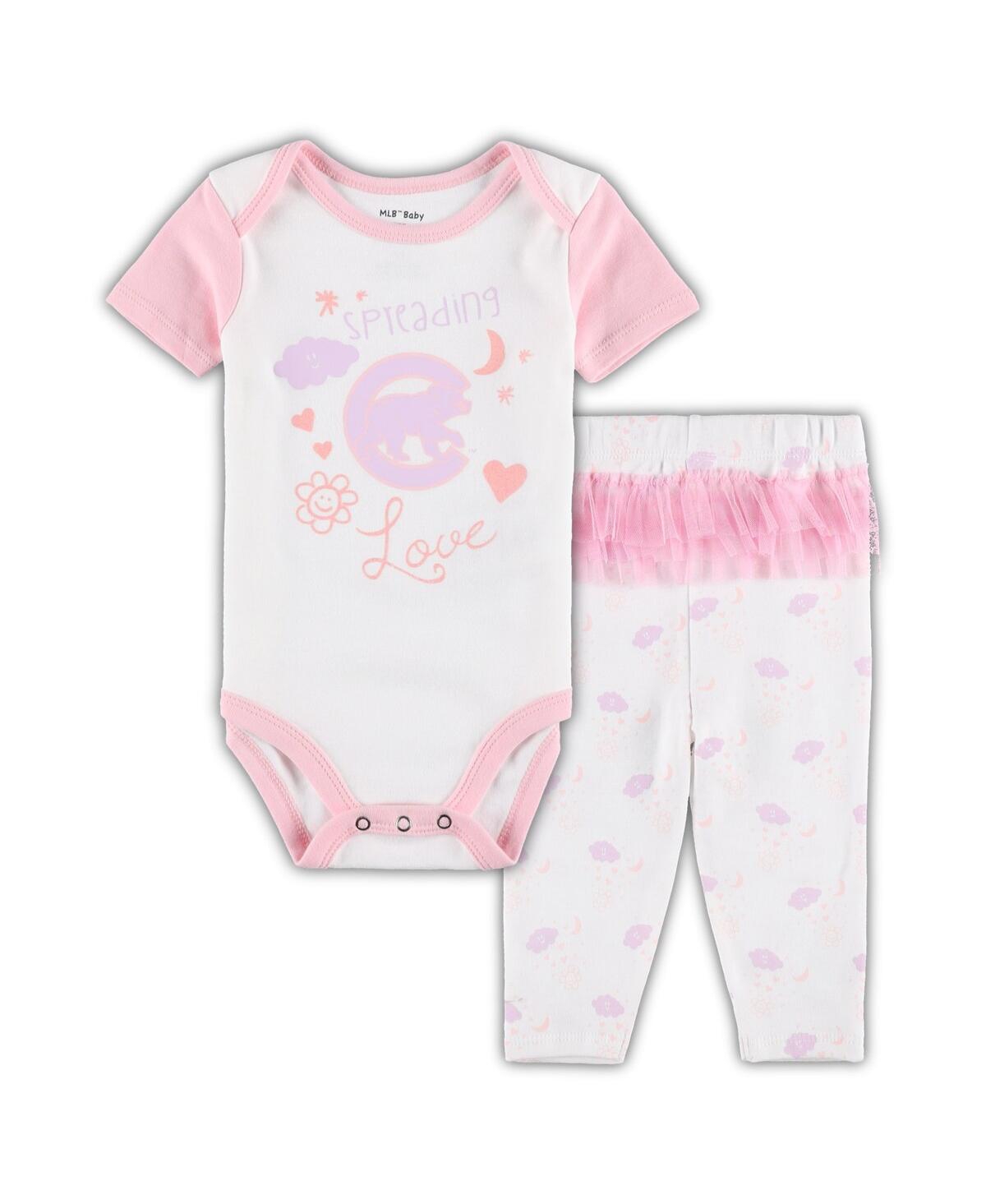 Outerstuff Babies' Newborn And Infant Boys And Girls White, Pink Chicago Cubs Spreading Love Bodysuit And Tutu With Leg In White,pink