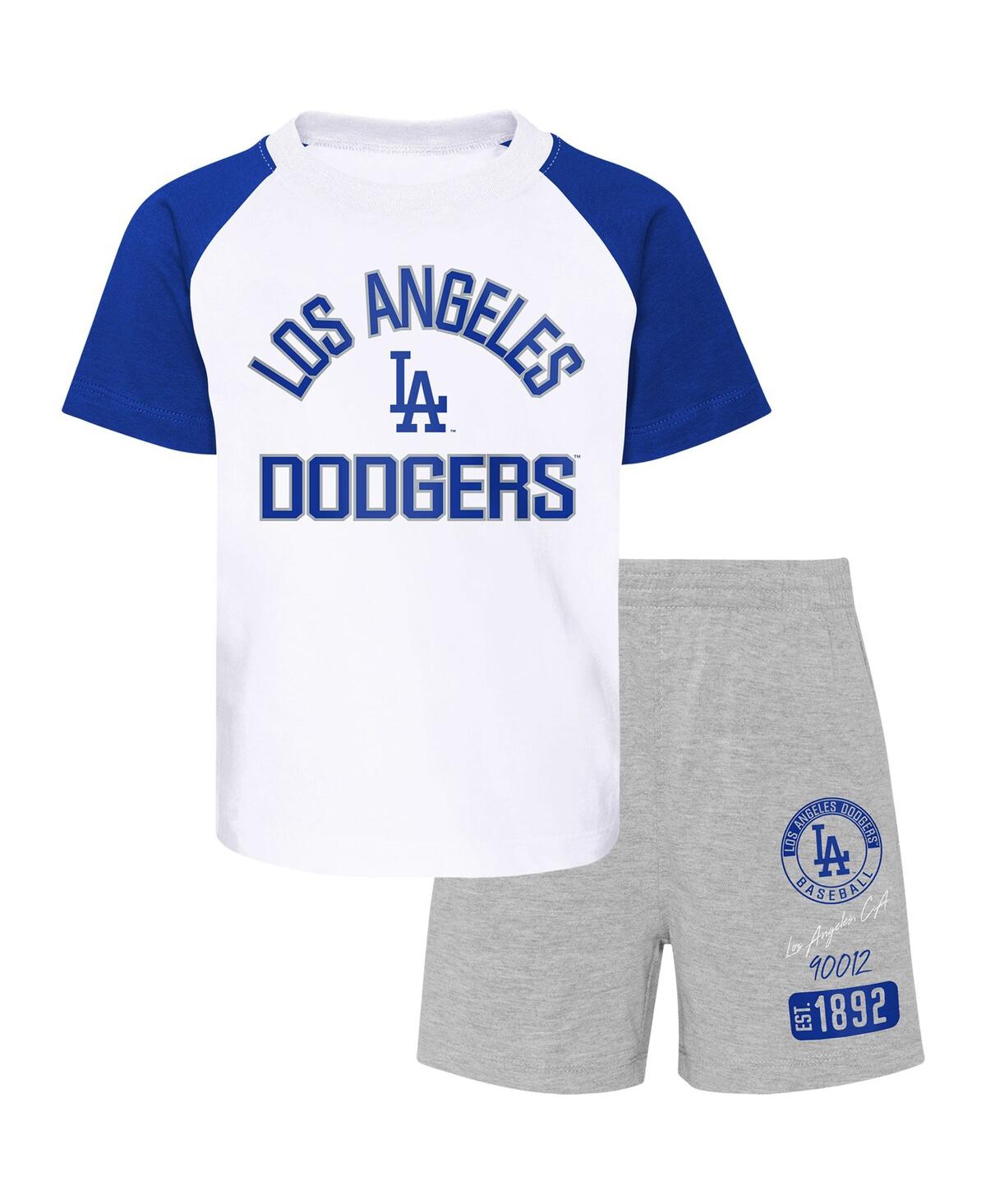 Shop Outerstuff Little Boys And Girls Los Angeles Dodgers White, Heather Gray Groundout Baller Raglan T-shirt And Sh In White,heather Gray
