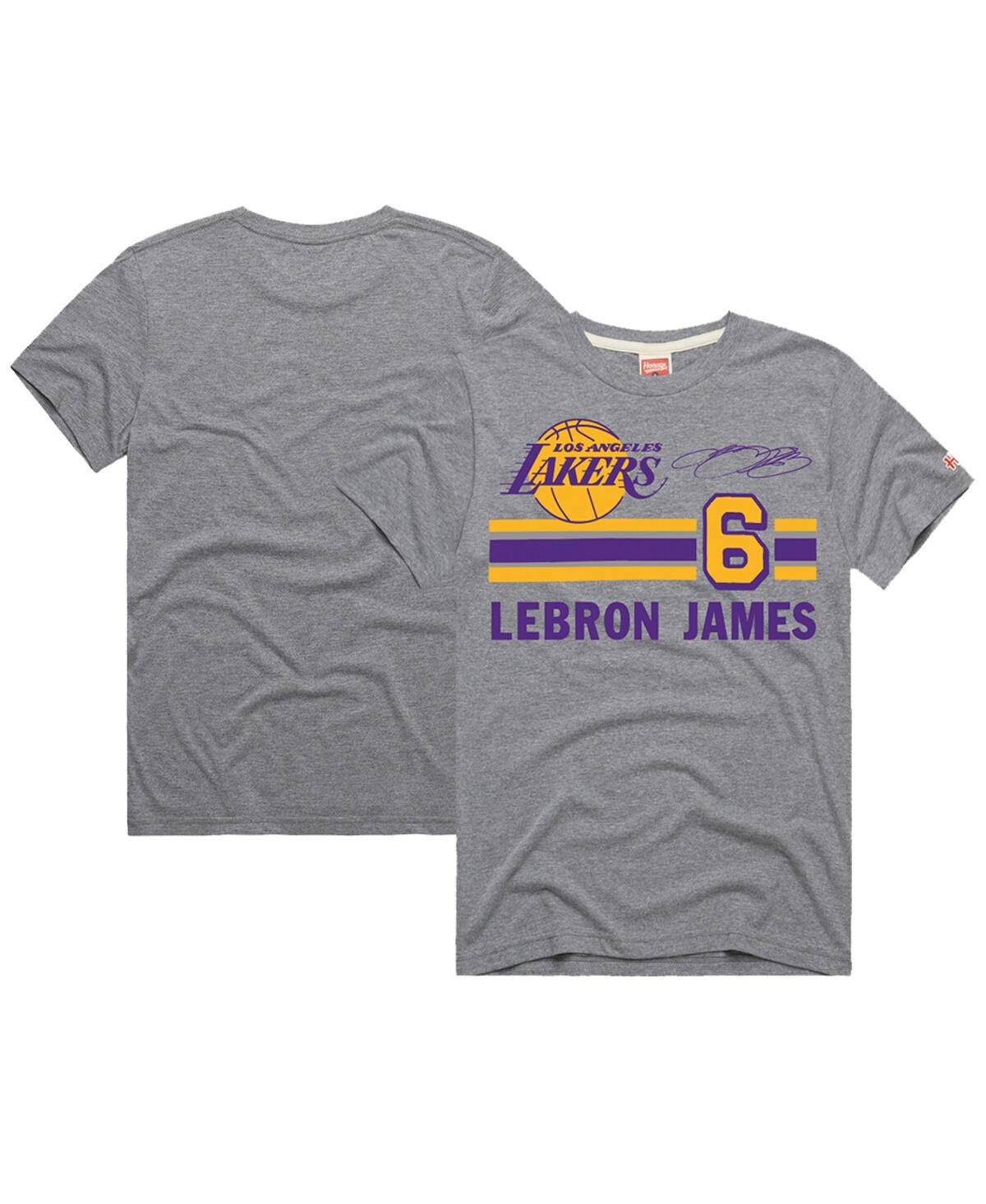 Shop Homage Men's  Lebron James Gray Los Angeles Lakers Number Tri-blend T-shirt