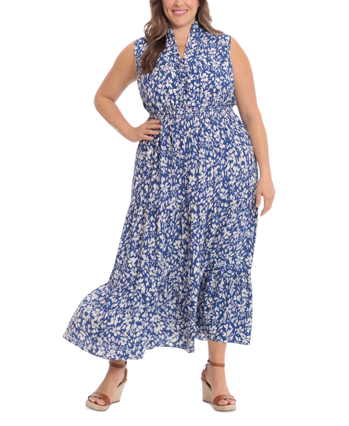 London Times Floral Ruffle Sleeveless Maxi Dress In Blue/ivory