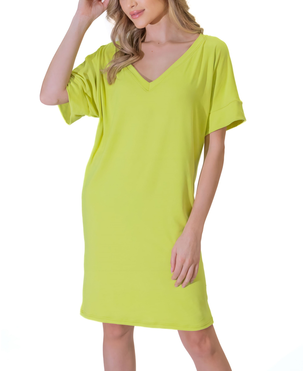 24seven Comfort Apparel Solid Color Loose Fit V Neck T Shirt Style Womens Knee Length Dress In Mocha