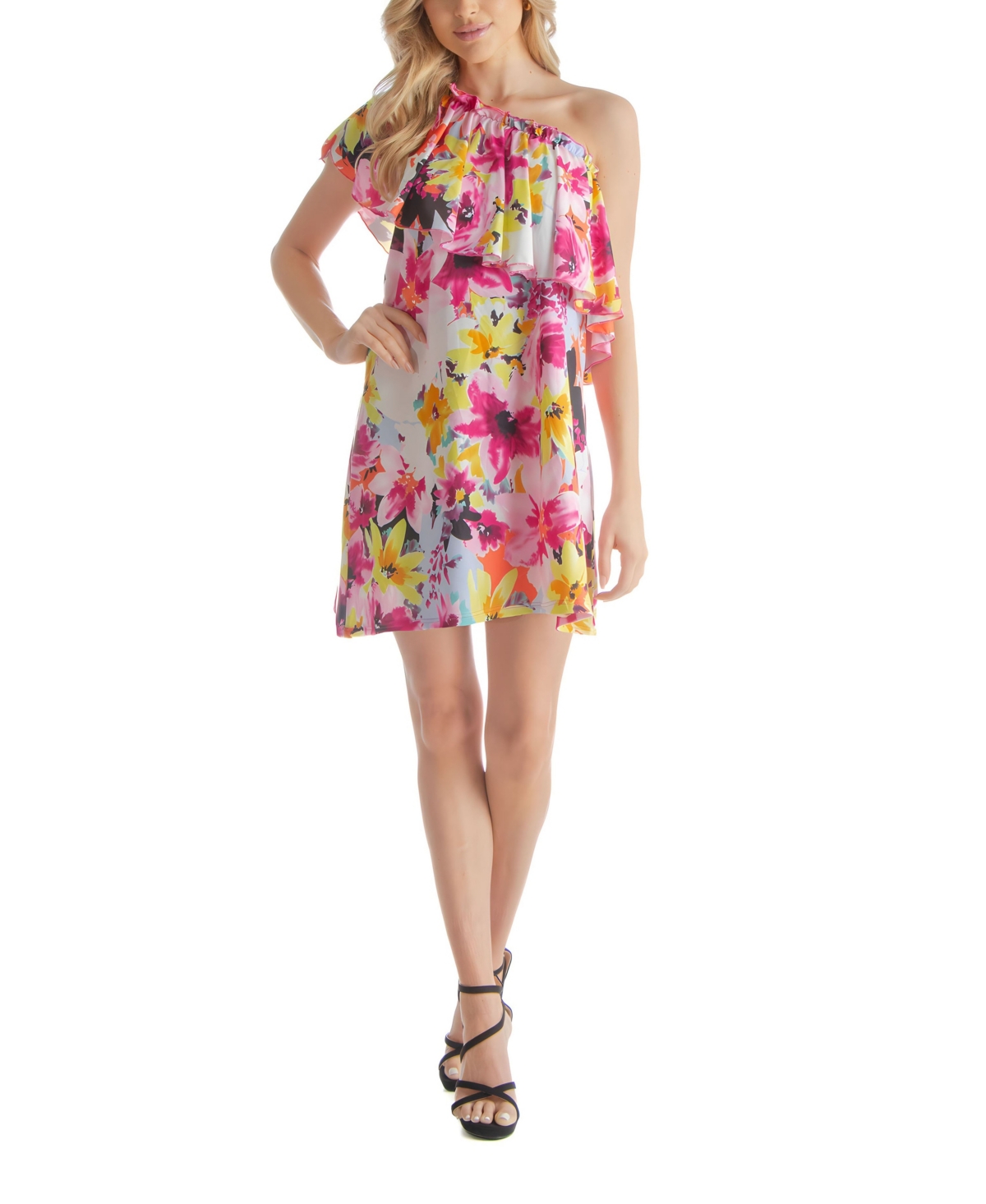24seven Comfort Apparel Women's Single Ruffled Shoulder Mini Dress In Pink Multi