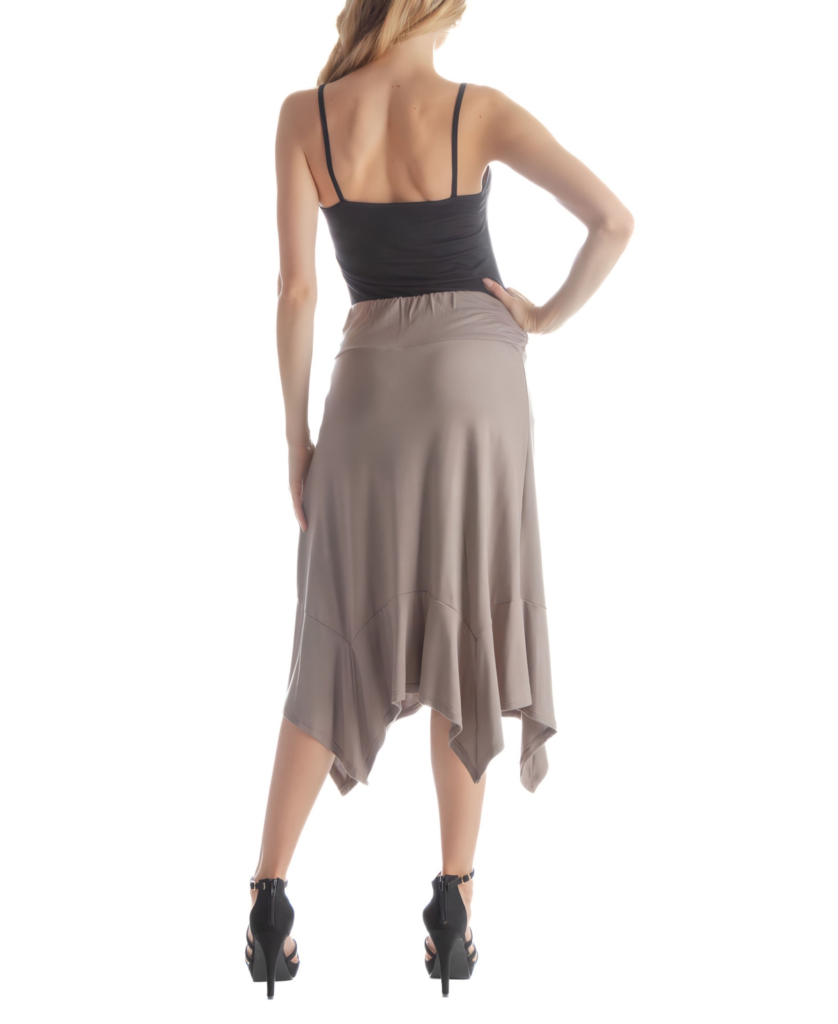 24seven Comfort Apparel Solid Color Knee Length Elastic Waist Handkerchief Skirt In White
