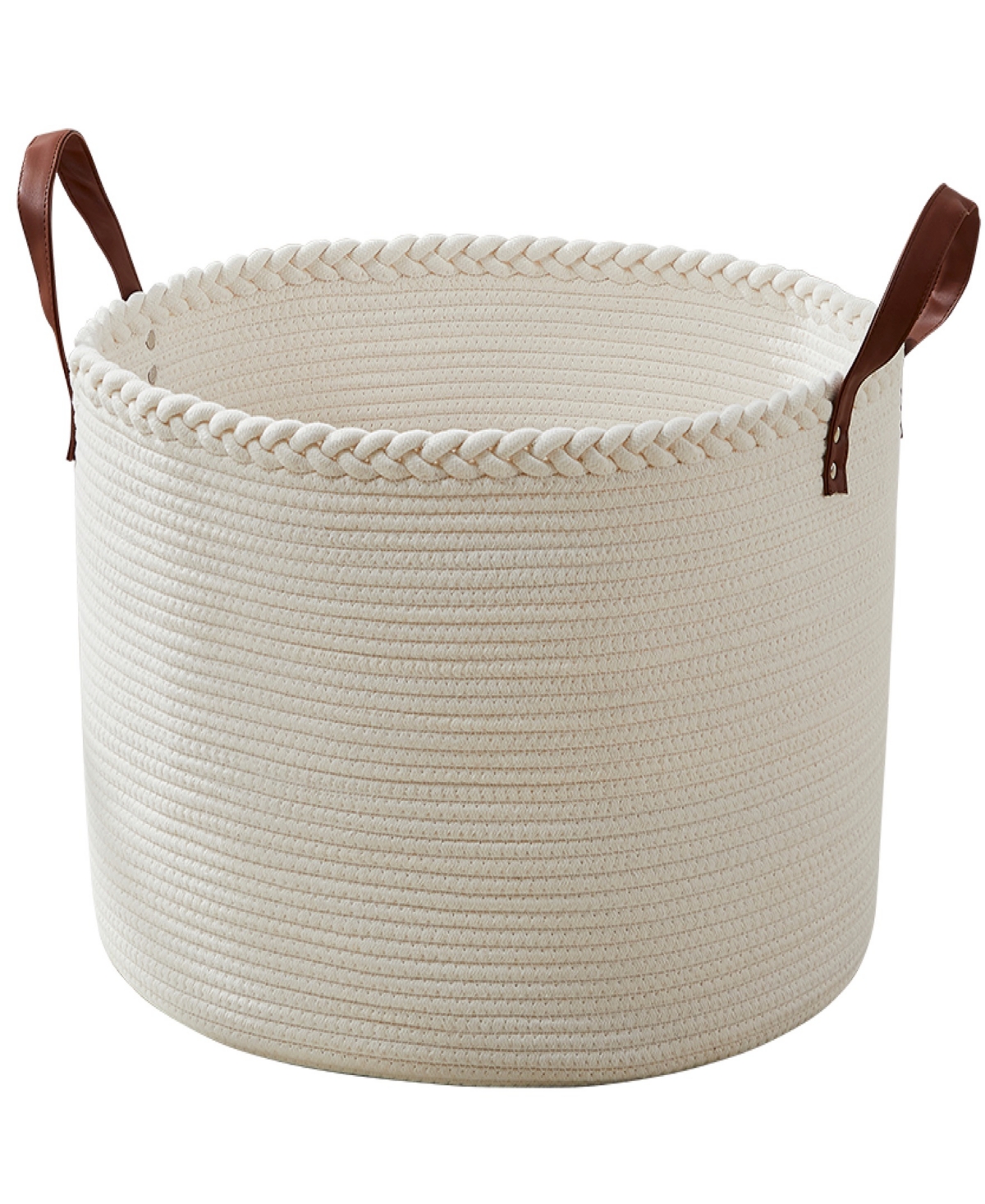 Ornavo Home Extra Large Round Cotton Rope Storage Basket Laundry Hamper With Leather Handles In Cream