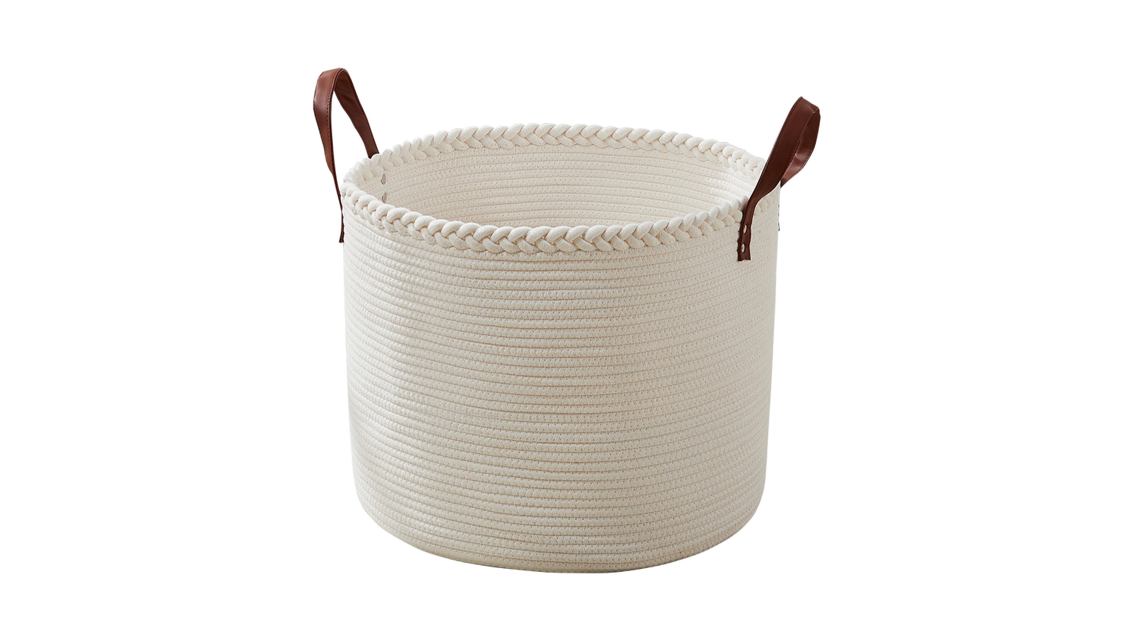 Ornavo Home 21" Large Round Cotton Rope Storage Basket Laundry Hamper with Faux Leather Handles