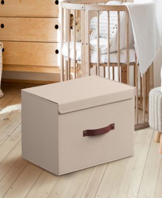 3 Pack Foldable Linen Storage Bin with Faux Leather Handles and Lid