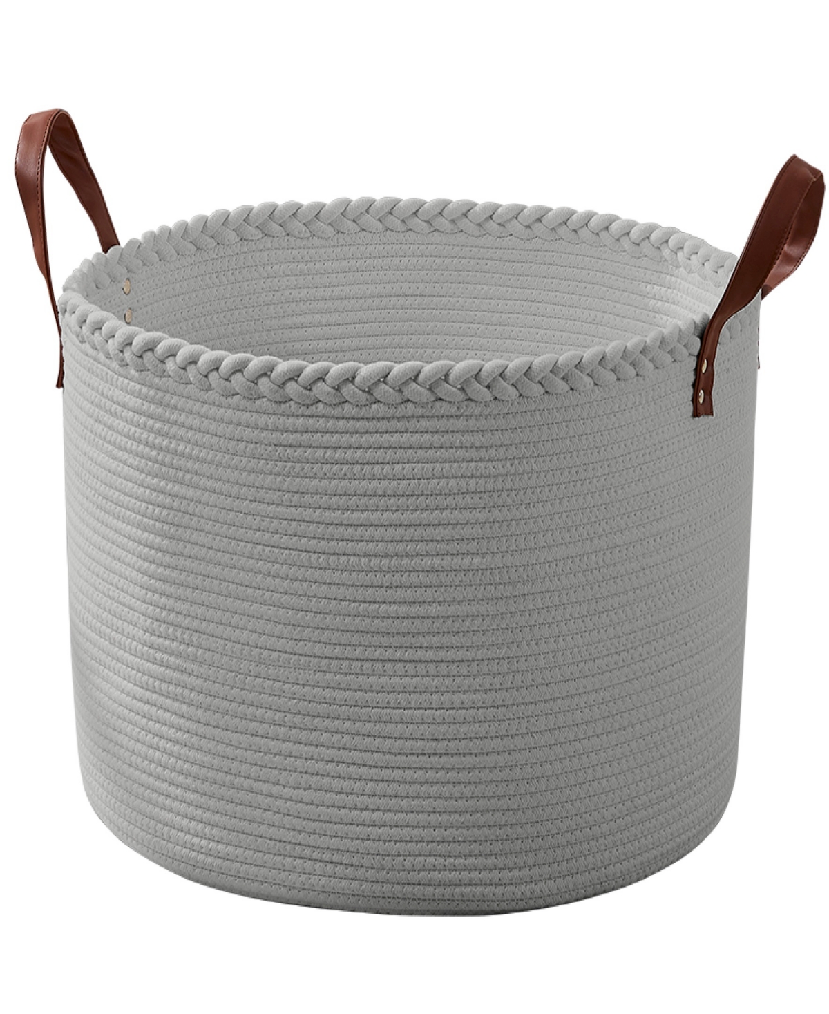 Extra Large Round Cotton Rope Storage Basket Laundry Hamper with Leather Handles - Gray
