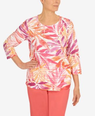 Alfred Dunner Women's Scenic Top - 3/4 Sleeve Knit Blouse With Asymmetrical Hem & Jewel Neckline - View #11