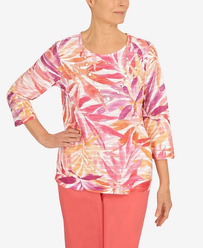 Alfred Dunner Women's Tropical Leaves Three Quarter Sleeve Top - Macy's