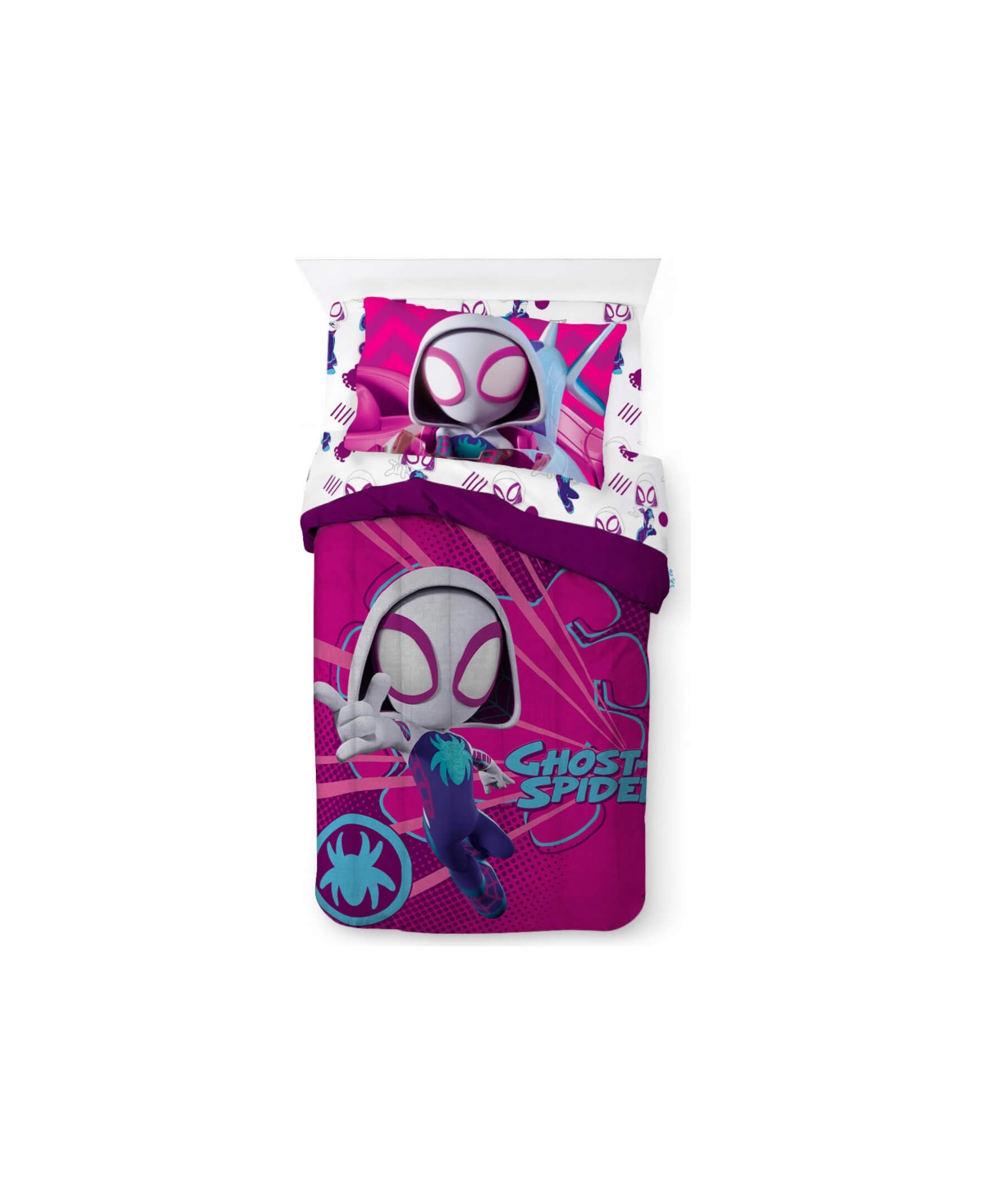 Jay Franco Spidey His Amazing Friends Ghost Gwen Microfiber 5 Piece Bed Set With Sham, Twin In Fuschia