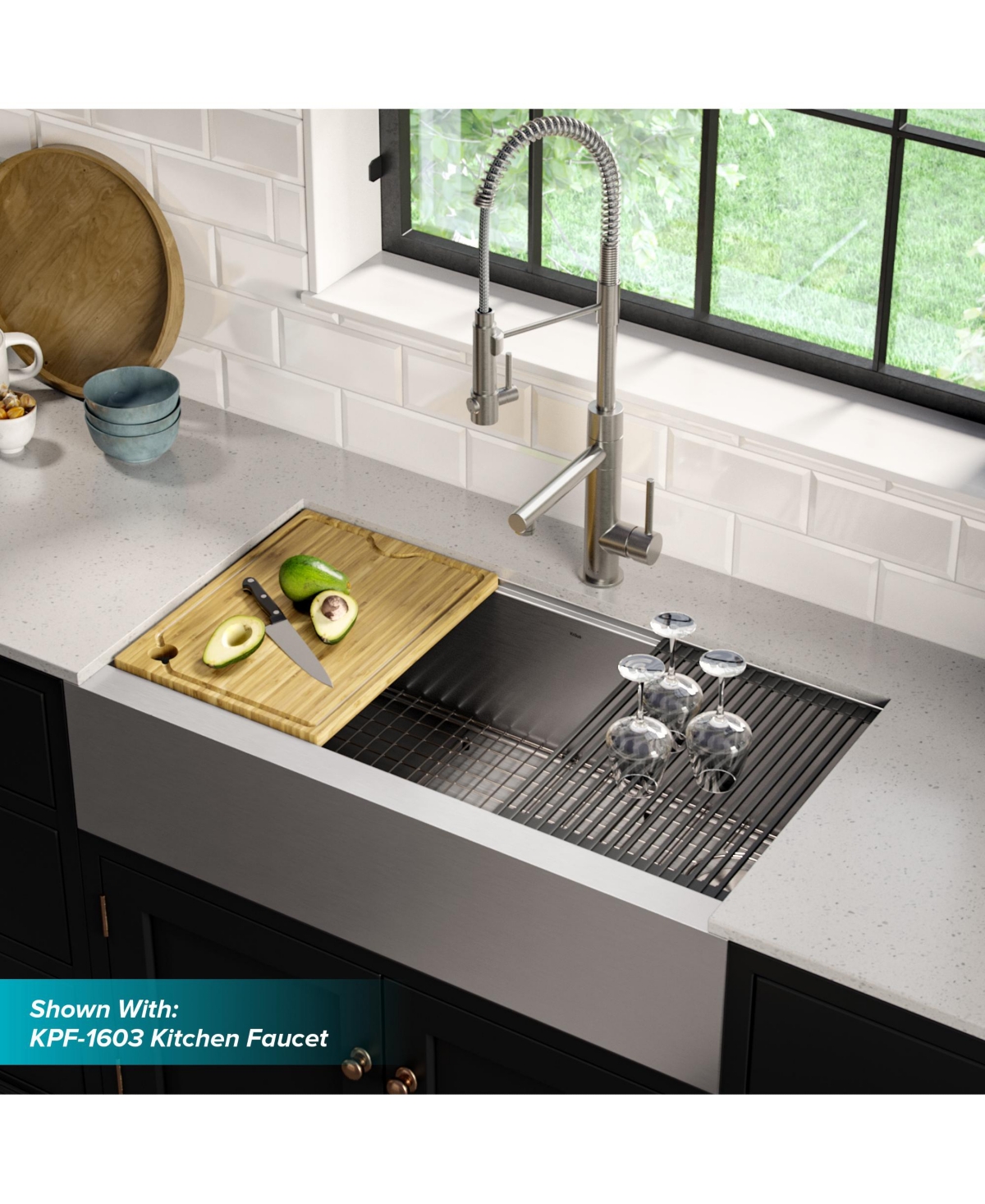Kraus Kore 36 in. Workstation Farmhouse Flat Apron Front 16 Gauge Single BowlKitchen Sink with Accessories - Stainless steel