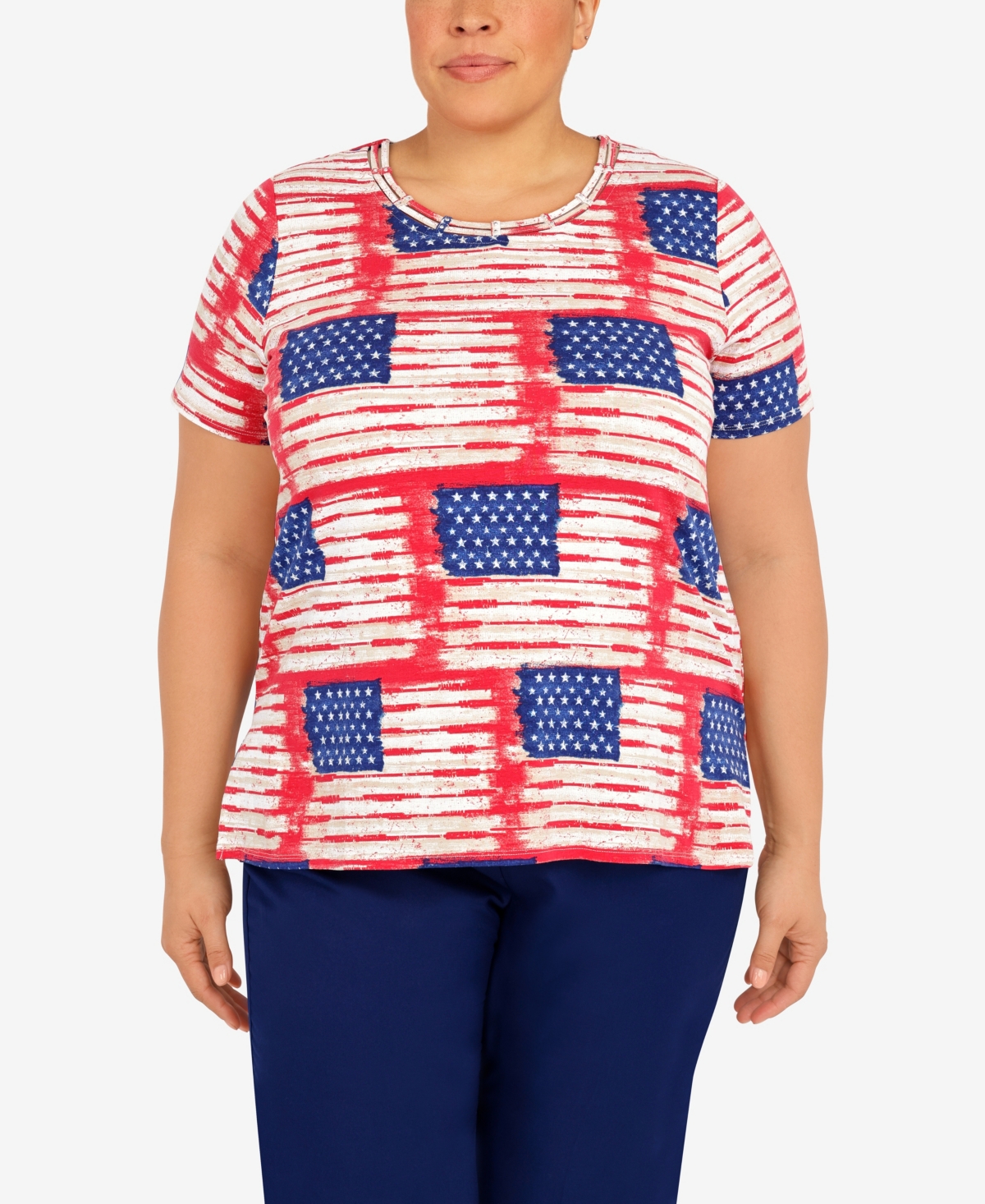 Alfred Dunner Plus Size Double Strap Flag Print Top