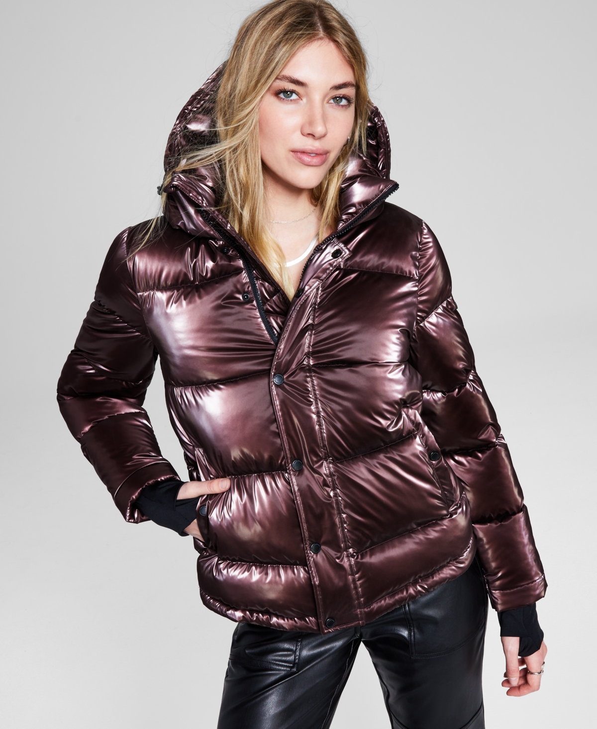 BCBGeneration Women s Hooded Thumbhole Cuff Puffer Coat Smart Closet