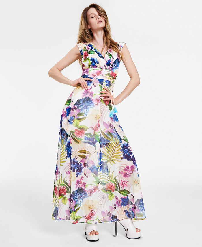 GUESS Women's Gilda Floral-Print Cap Sleeve Maxi Dress - Macy's
