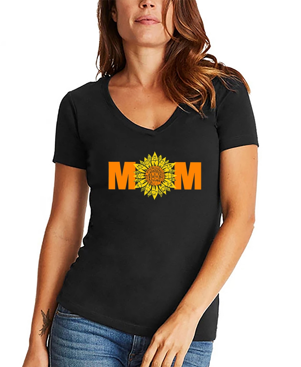 La Pop Art Women's Mom Sunflower Word Art V-neck T-shirt In Black