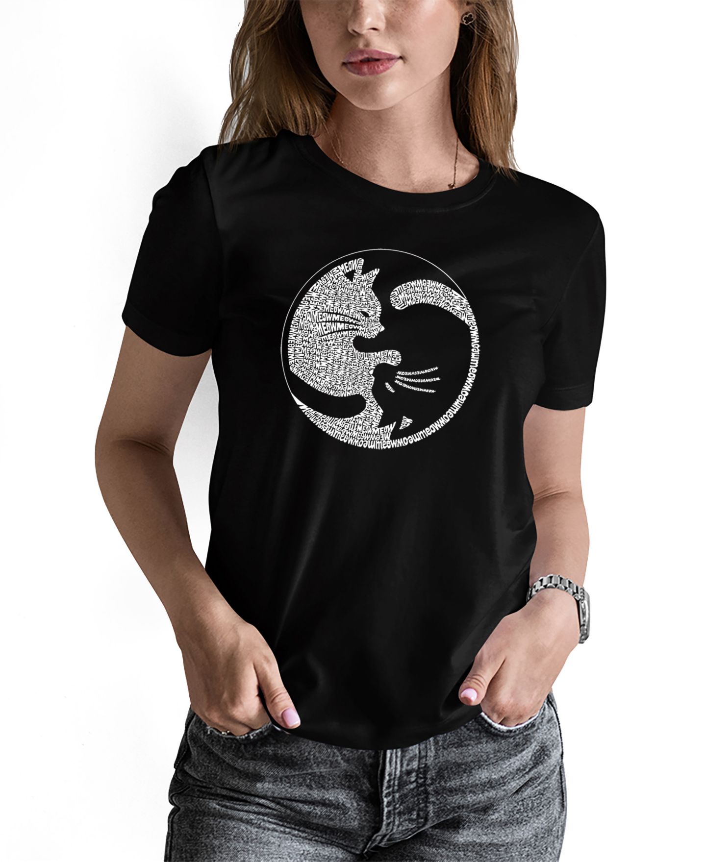 Женская футболка LA Pop Art Word Art Yin Yang Cat Short Sleeve, цвет: Чёрный — фото 1
