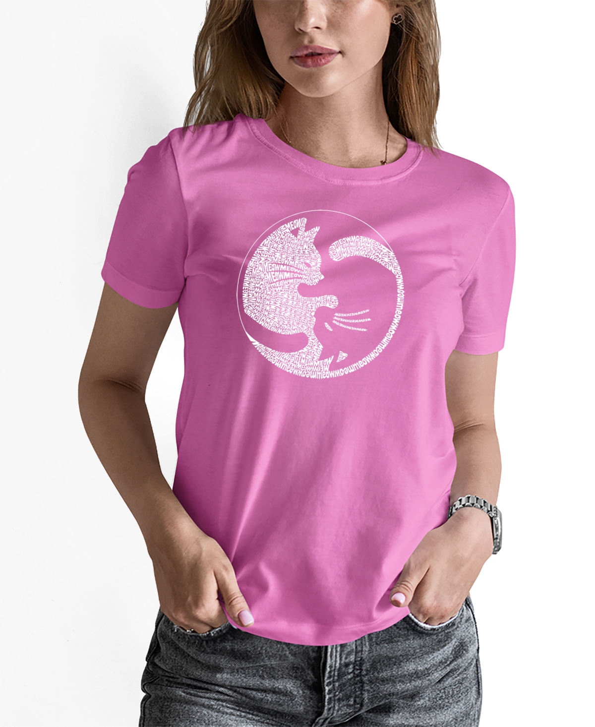 La Pop Art Women's Word Art Yin Yang Cat Short Sleeve T-shirt In Pink