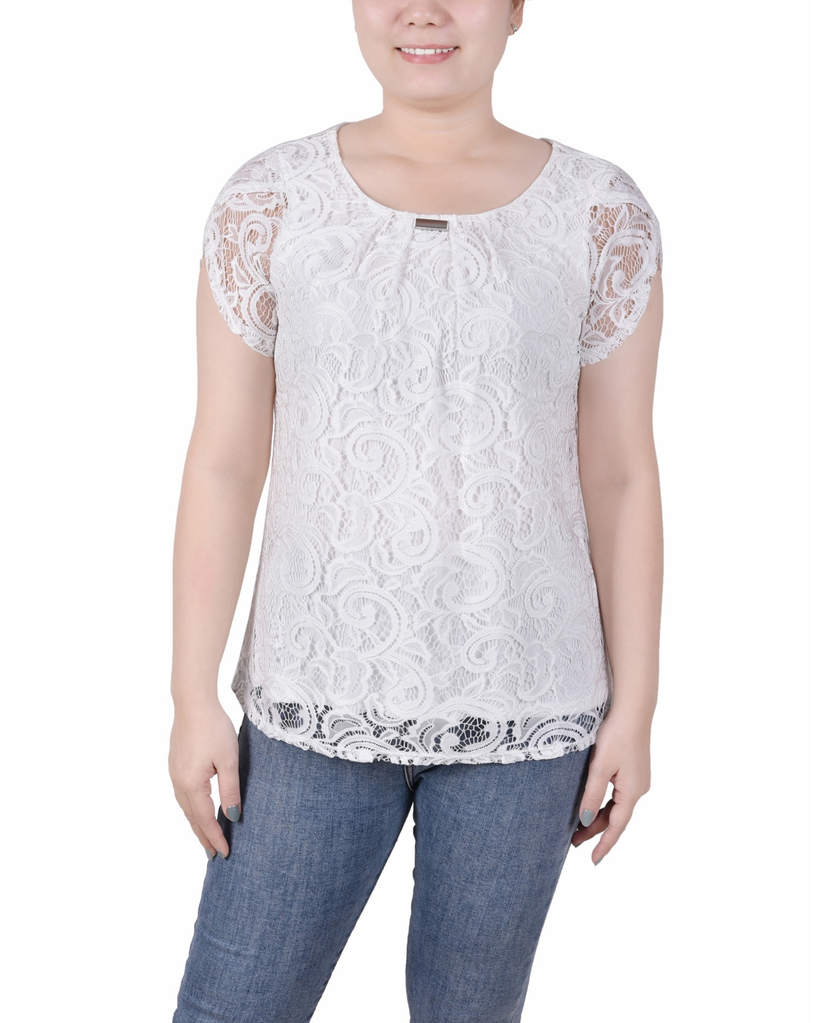 Ny Collection Petite Lace Petal Short Sleeve Top In White