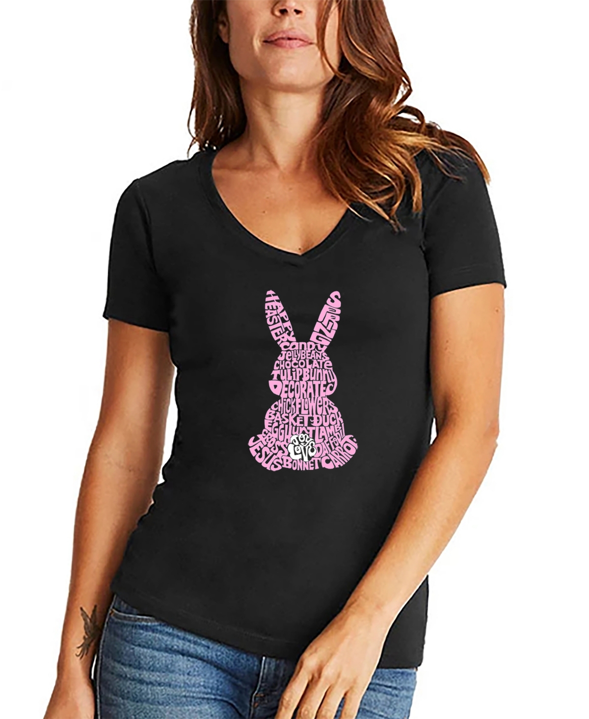 La Pop Art Women's Easter Bunny Word Art V-neck T-shirt In Black