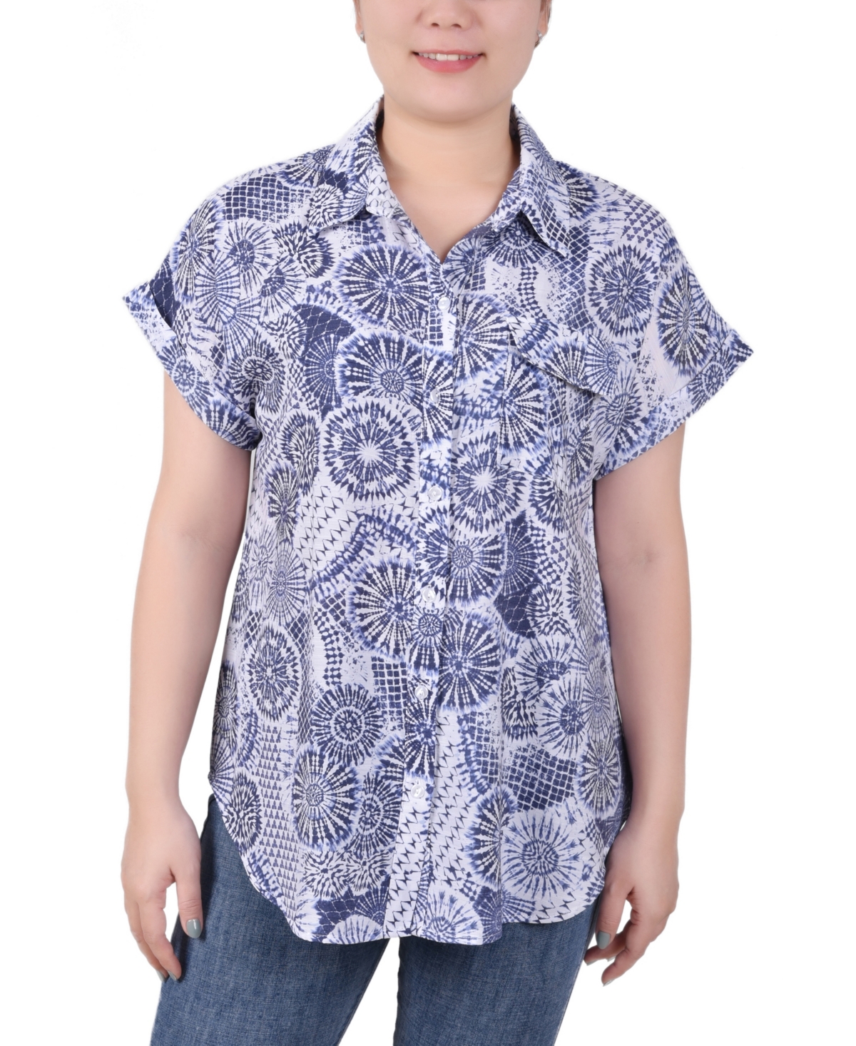 Ny Collection Petite Short Rolled Sleeve Button Front Blouse In Blue Fest Tribal