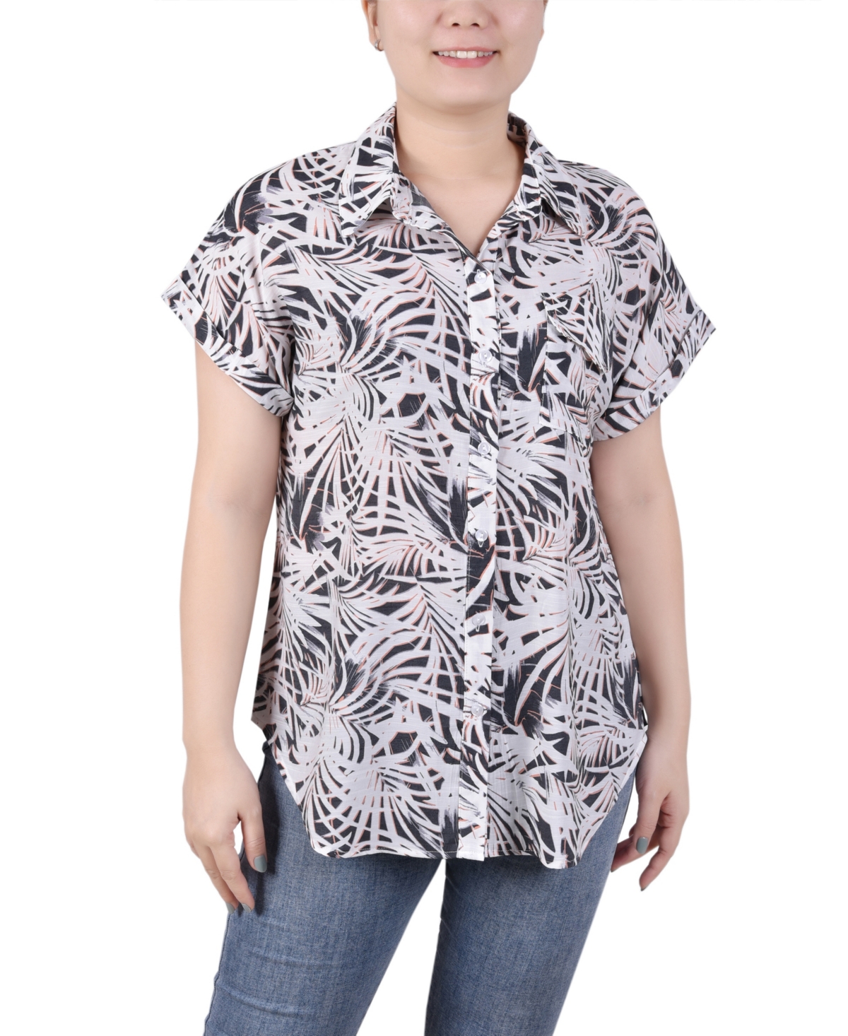 NY COLLECTION PETITE SHORT ROLLED SLEEVE BUTTON FRONT BLOUSE 