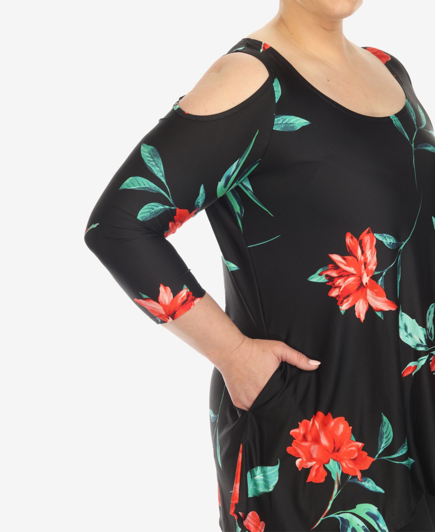 Женский топ White Mark Plus Size Floral Printed Cold Shoulder Tunic Top, цвет: Чёрный / Красный — фото 5