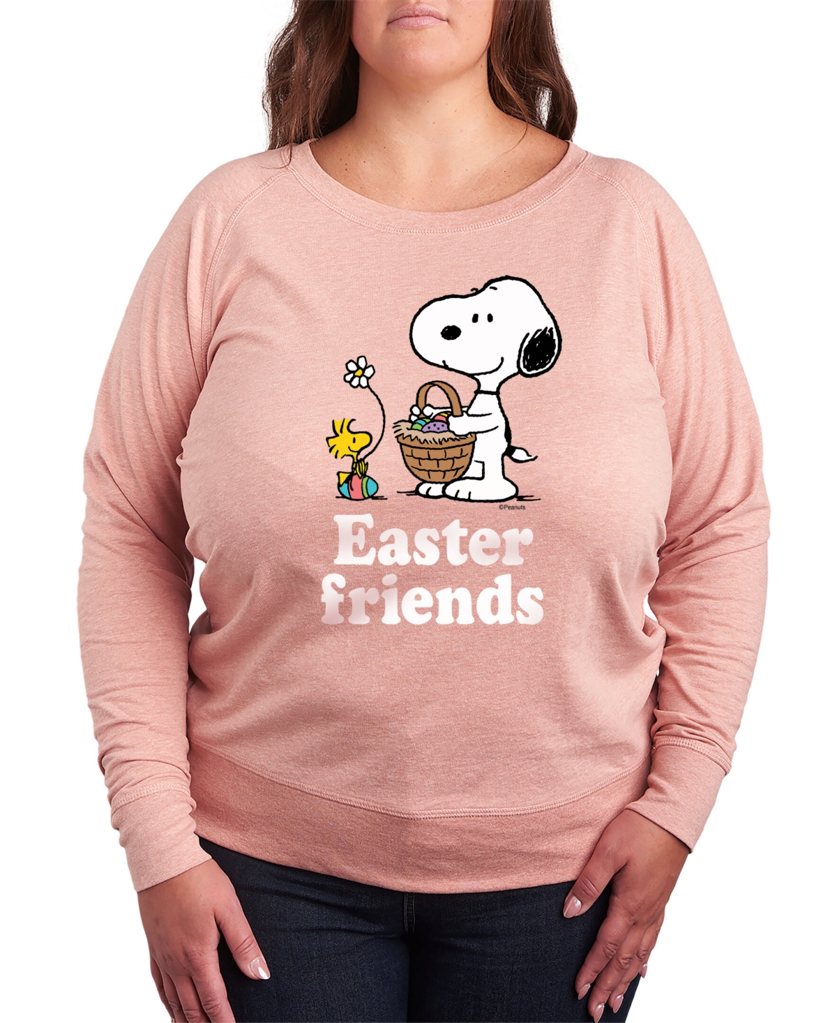 AIR WAVES TRENDY PLUS SIZE PEANUTS EASTER FRIENDS LONG SLEEVE PULLOVER TOP