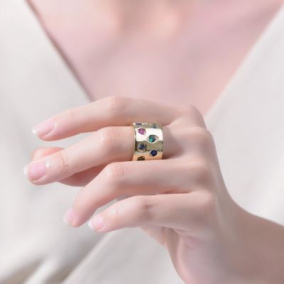 14k Gold Plated Colored CZ Wide Band Ring For Men & Women