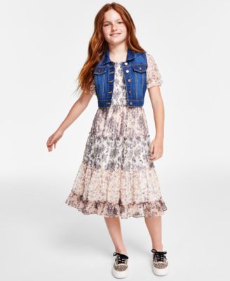 Rare Editions - Big Girls Denim Vest Tiered Dress Set