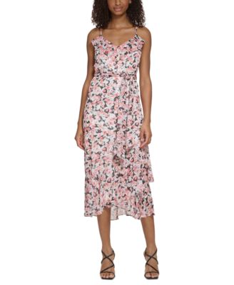KARL LAGERFELD PARIS - Women's Floral-Print Ruffled Tie-Waist Chiffon Sleeveless Midi Dress