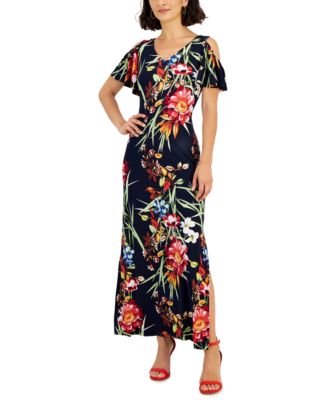 Connected - Petite Printed V-Neck Cold-Shoulder Maxi Dress