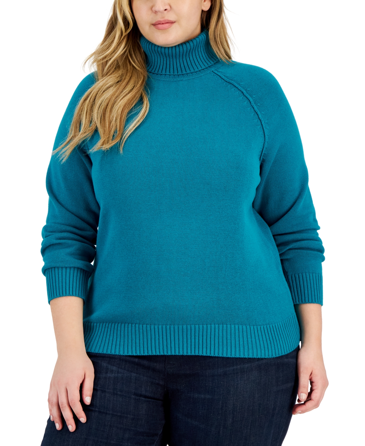 Karen Scott Plus Size Cotton Turtleneck Sweater, Created For Macy's In Jazzy Teal