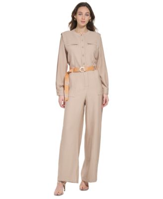 DKNY - Women's Button-Front Logo-Belt Wide-Leg Jumpsuit