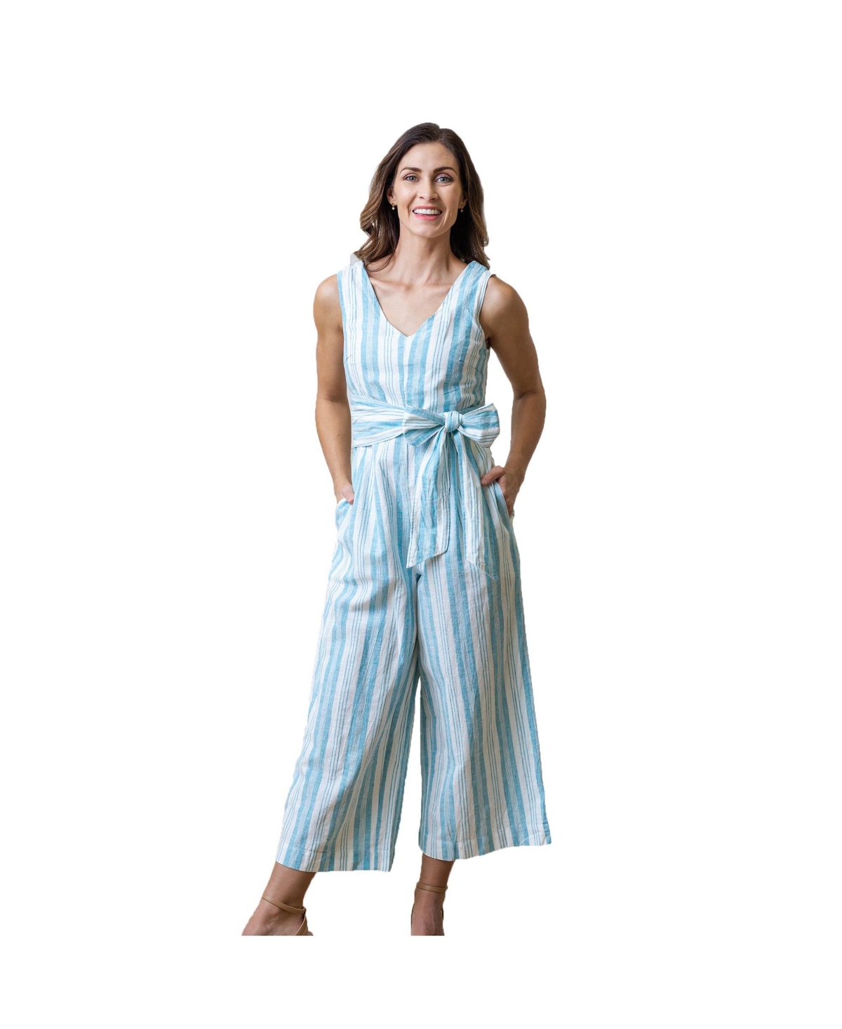 Women's Woven Sleeveless Tie-Waist Jumpsuit with Wide Leg - Blue stripe