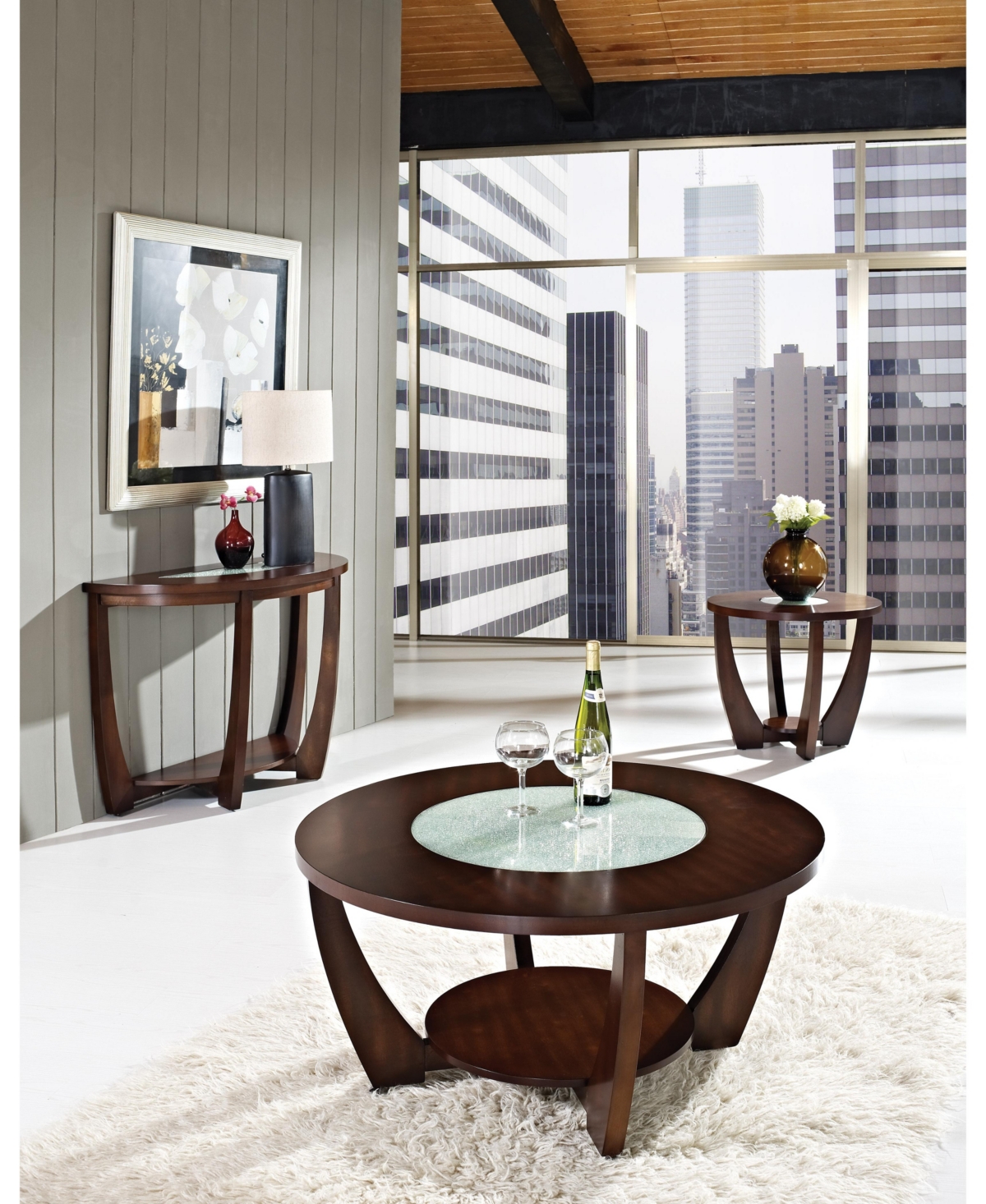 Steve Silver Rafael Demilune Merlot Wood Sofa Table with Cracked Glass Insert