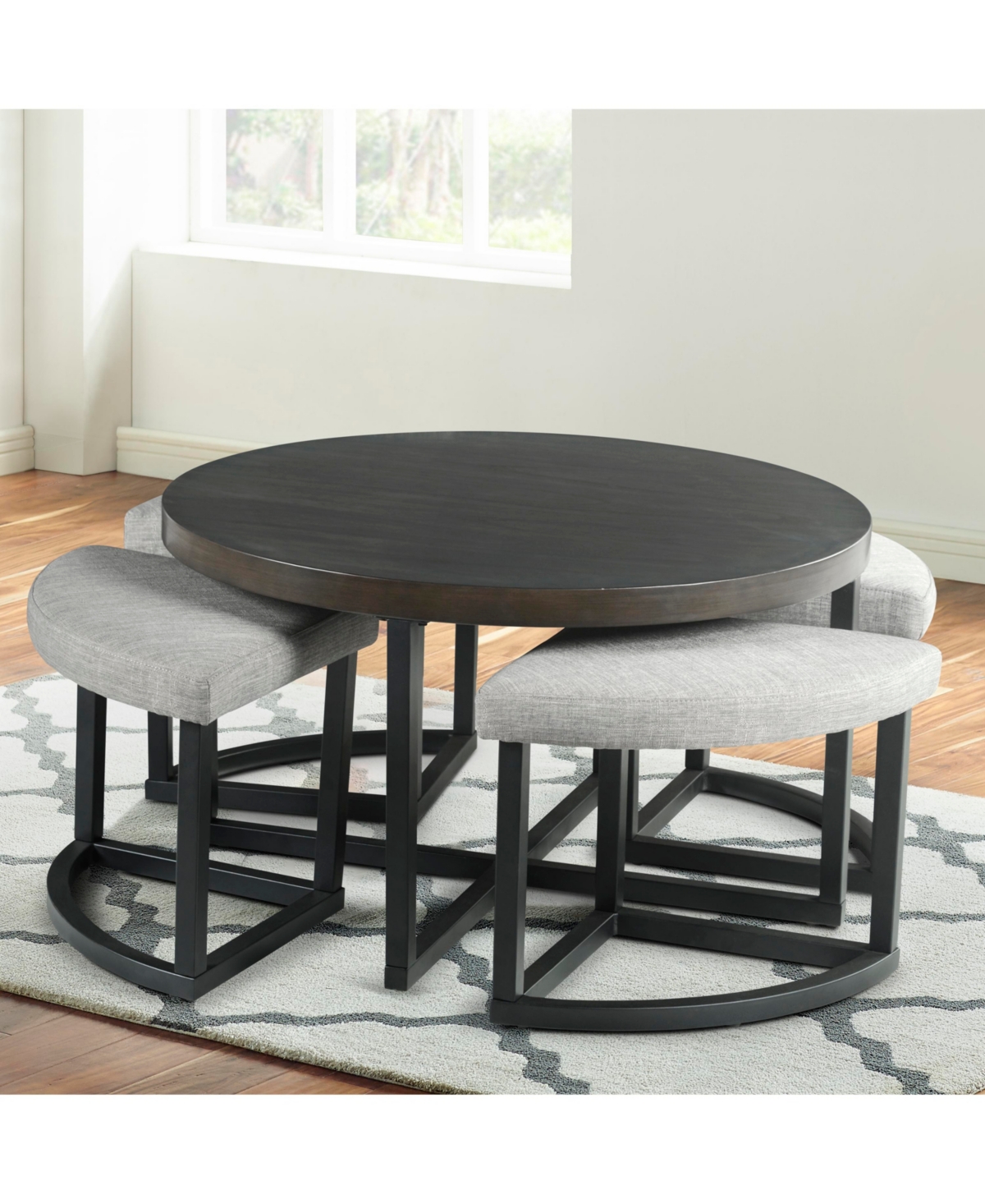 Steve Silver Yukon Round Coffee Table with Four Stools - Ebony Iron, Gray Fa